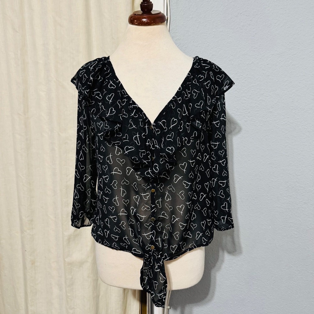 Timing Black Sheer Heart Print Ruffle Tie Front Blouse Top Women Sz L‎ Celestial